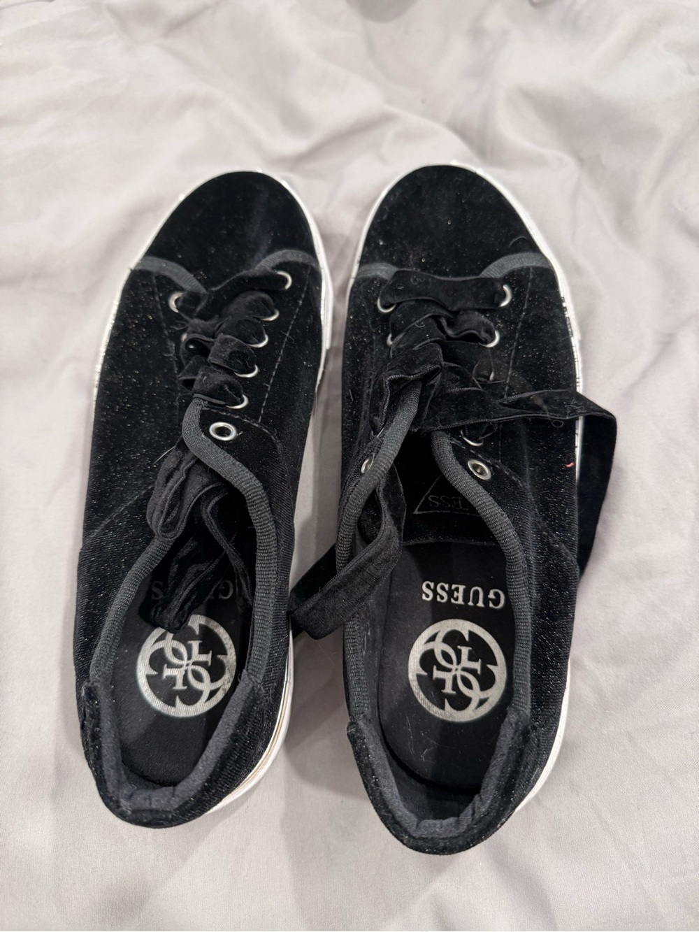 Guess Black Velvet Lace-Up Sneakers with White Midsoles 7.5